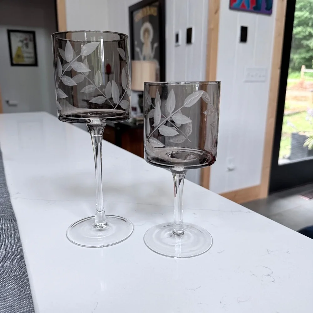 Pair‎ of 2 Vintage Smoked Gray Cylinder Wine Glasses Botanical~Candle Holders